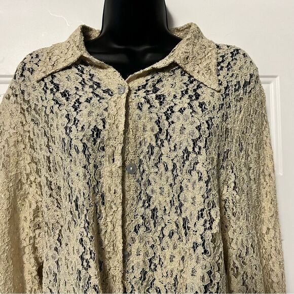 VTG 90s Cream Lace Collar Shell Button Down Tunic Shirt Shacket Split Hem Top L - Picture 2 of 16